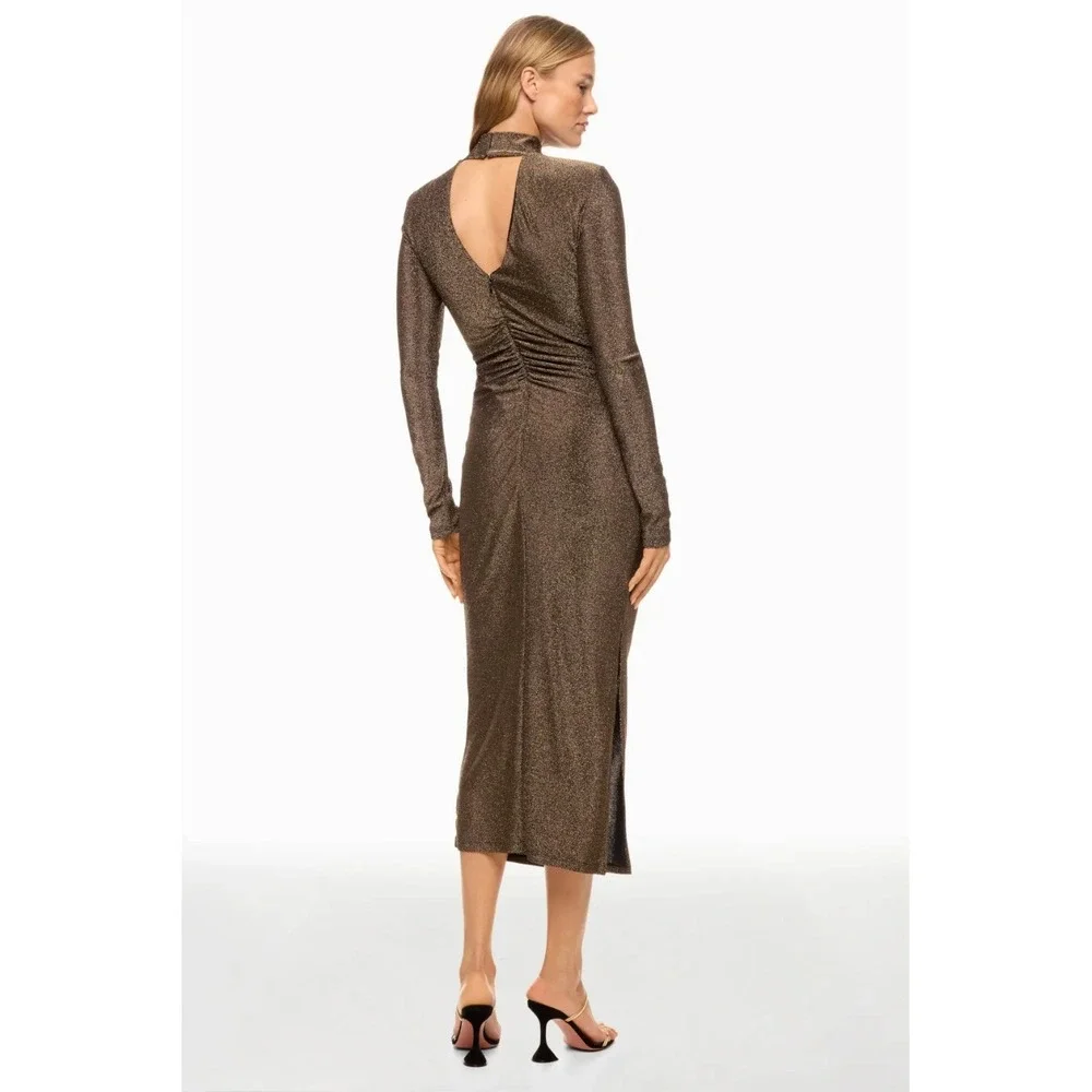 Ramy Brook Amarilys Dress Metallic Gold Shimmer Mock Neck Ruched Midi Sz L - Picture 2 of 15